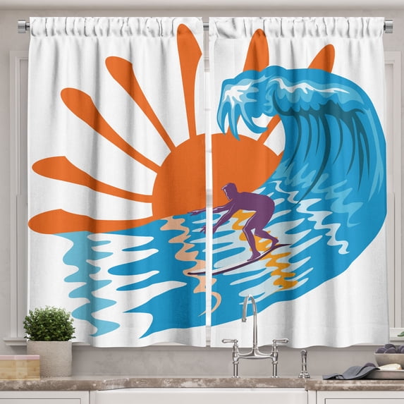 Ambesonne Summer Kitchen Curtains, Hot Beach Vibes Surfer, 55"x39", Sky Blue Orange