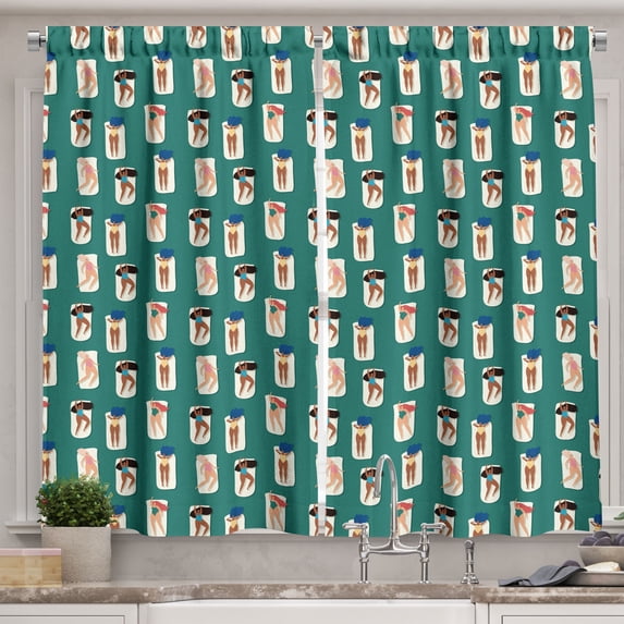 Ambesonne Summer Kitchen Curtains, Sunbathing Women Pattern, 55"x45", Forest Green Multicolor