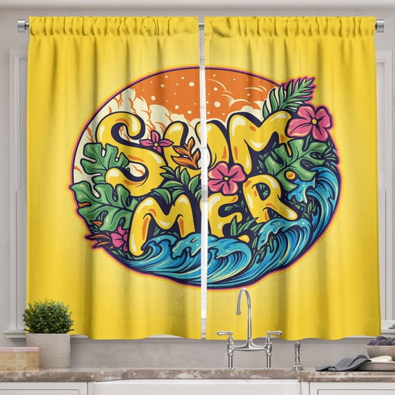 Ambesonne Summer Kitchen Curtains, Tropic Cartoon Flowers Waves, 55"x24", Mustard Vermilion Pink