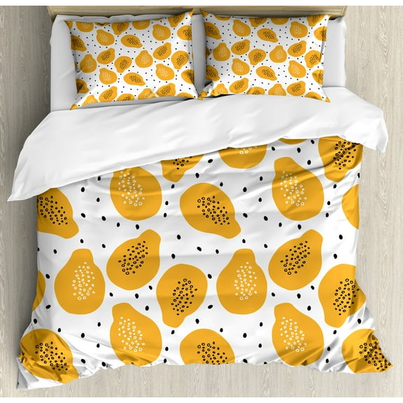 Ambesonne Summer Orange Duvet Cover Set, Papaya and Art, Calking, Pale Orange Black