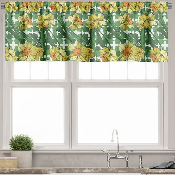 Ambesonne Summer Orange Window Valance, Narcissus Flowers, 54" X 18", Reseda Green Pale Orange