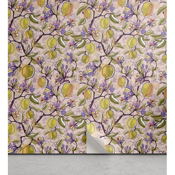 Ambesonne Summer Peel & Stick Wallpaper for Home, Retro Vibe Lemons Pattern, 13"x36", Yellow Lavender and Blush