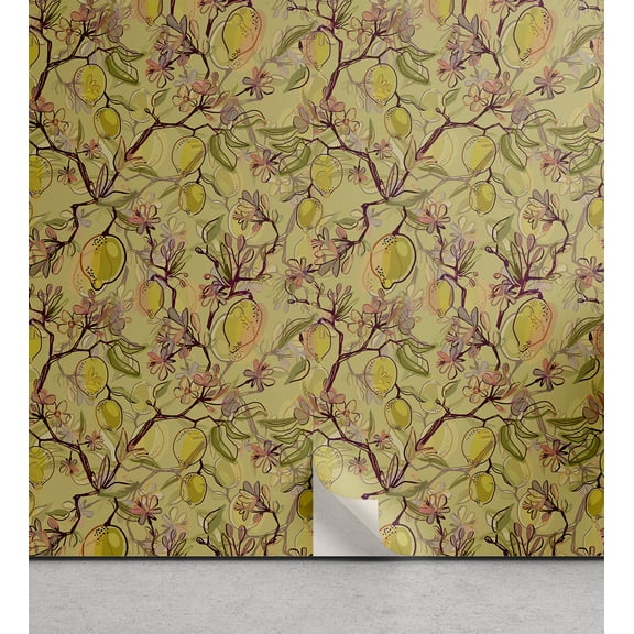 Ambesonne Summer Peel & Stick Wallpaper for Home, Vintage Fruity Lemon Pattern, 13"x36", Khaki Yellow and Reseda Green