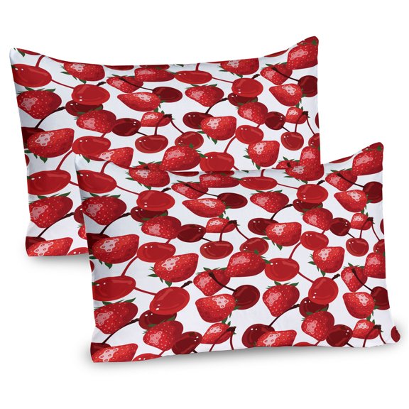 Ambesonne Summer Pillow Sham 2 Pack, Cherry Picnic Spring Fruits, 26"x20", Burgundy White Green