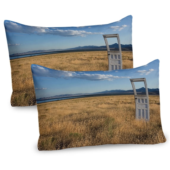 Ambesonne Summer Pillow Sham 2 Pack, Field with Mountains, 30"x20", Earth Yellow Coconut