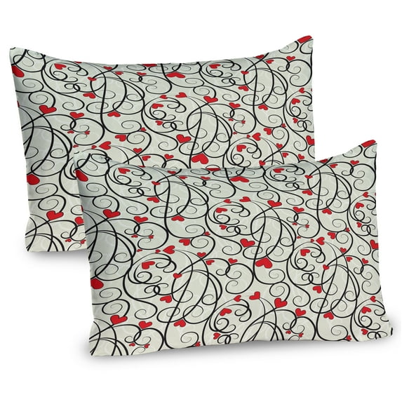 Ambesonne Summer Pillow Sham 2 Pack, Wave Floral Heart Swirls, 36"x20", Eggshell Vermilion Black