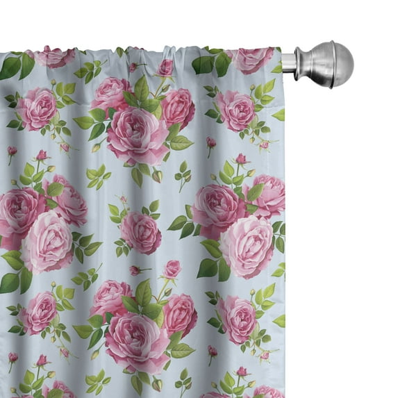 Ambesonne Summer Pink Window Curtains, Rose Flowers Bouquets, Each 28" W x 95" L, Pale Blue Lime Green