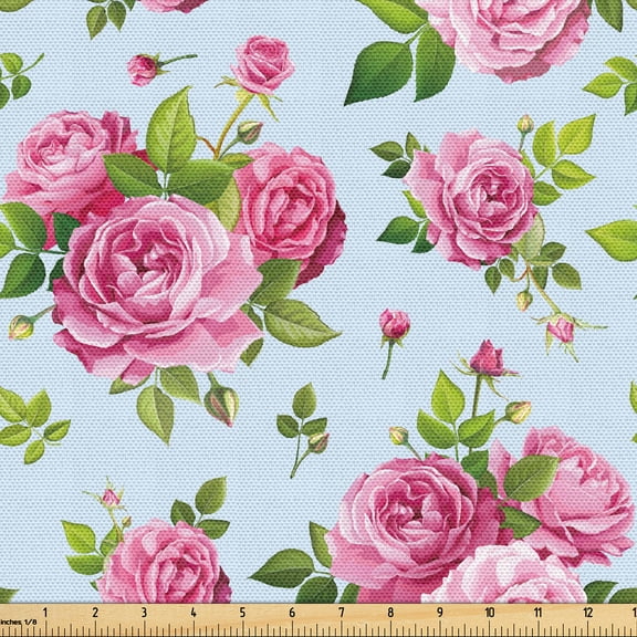 Ambesonne Summer Pink Fabric by the Yard Upholstery, Rose Flowers Bouquets, 1 Yard, Pale Blue Lime Green