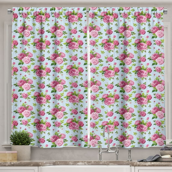 Ambesonne Summer Pink Kitchen Curtains, Rose Flowers Bouquets, 55"x45", Pale Blue Lime Green
