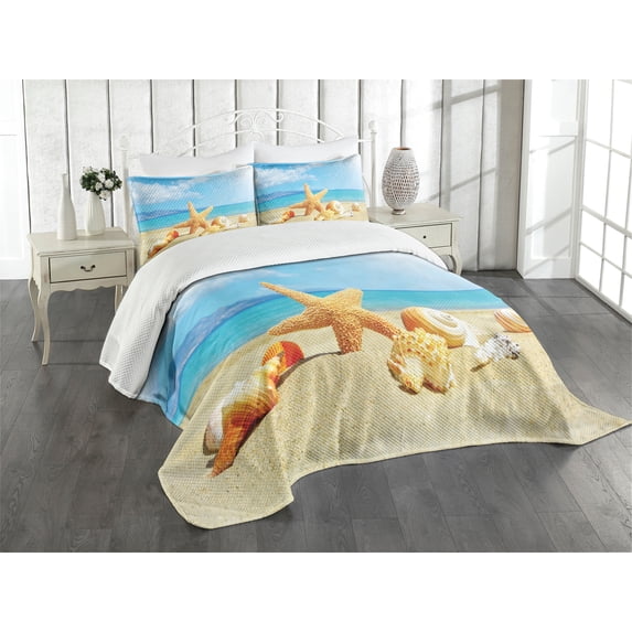 Ambesonne Summer Quilted Bedspread Set 2 Pcs, Beach Sand with Starfish, Twin Size, Aqua Ivory Mustard