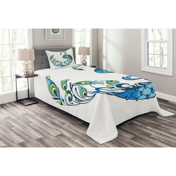 Ambesonne Summer Quilted Bedspread Set 2 Pcs, Colorful Peacock Tropic, Twin Size, Blue Green Pink