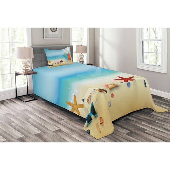 Ambesonne Summer Quilted Bedspread Set 2 Pcs, Sand Beach Surfboard, Twin Size, Multicolor