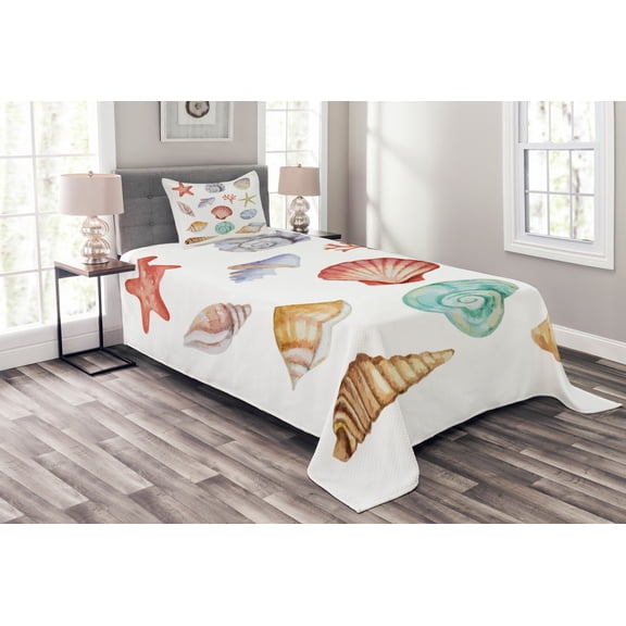 Ambesonne Summer Quilted Bedspread Set 2 Pcs, Seashells Exotic Animals, Twin Size, Multi