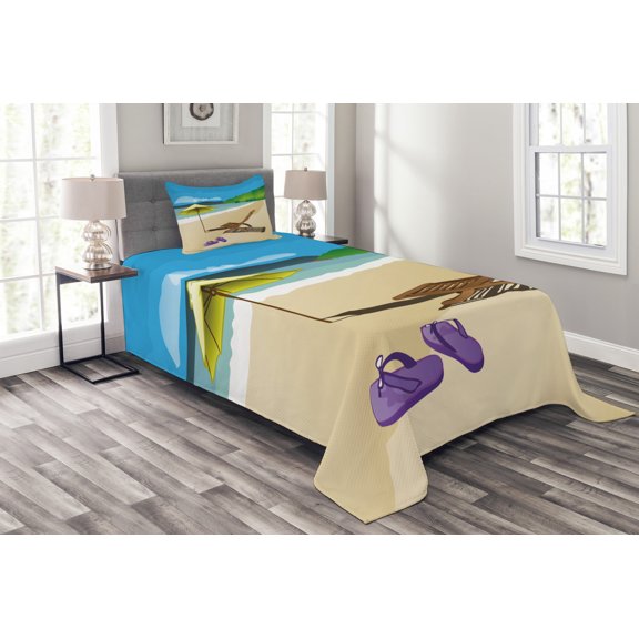 Ambesonne Summer Quilted Bedspread Set 2 Pcs, Sunshine Sand Waves, Twin Size, Multicolor