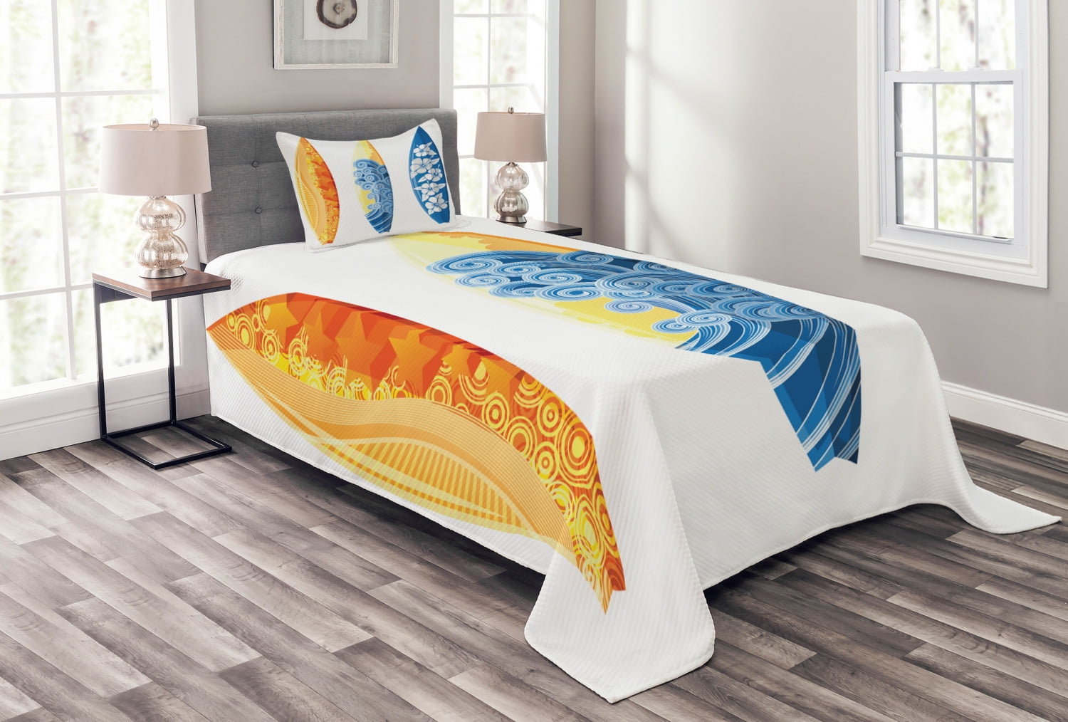 White Twin Kids Unisex Surfboard Quilted Bedspread Set