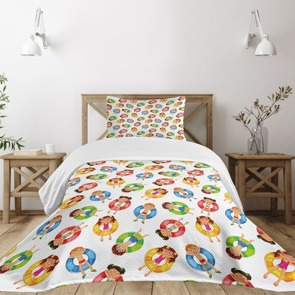 Ambesonne Summer Quilted Bedspread Set 2 Pcs, in Pool Summer, Twin Size, Multicolor