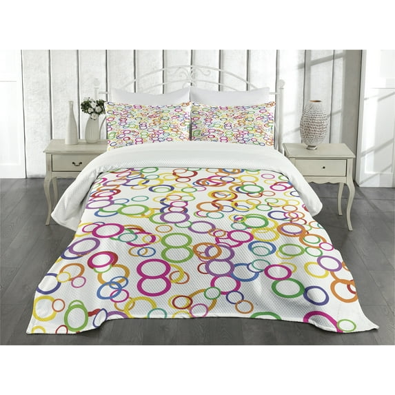 Ambesonne Summer Quilted Bedspread Set 3 Pcs, Colored Geometric Circle, King Size, Lavender Salmon