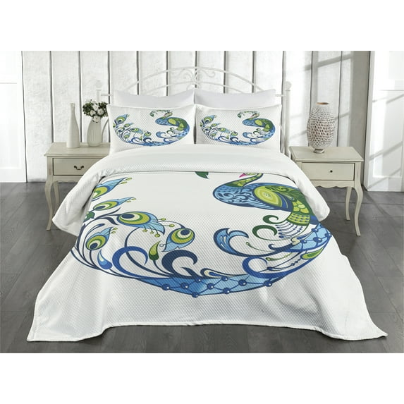 Ambesonne Summer Quilted Bedspread Set 3 Pcs, Colorful Peacock Tropic, King Size, Blue Green Pink