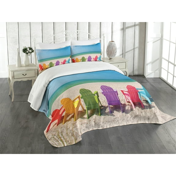 Ambesonne Summer Quilted Bedspread Set 3 Pcs, Colorful Wooden Deckchairs, King Size, Multicolor