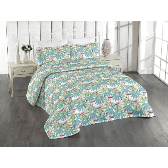Ambesonne Summer Quilted Bedspread Set 3 Pcs, Flamingo Pattern Leafy Aloha, Queen, Rose Pale Green Seafoam