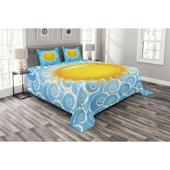 Ambesonne Summer Quilted Bedspread Set 3 Pcs, Holiday Joy Ocean Sea, Queen Size, Earth Yellow