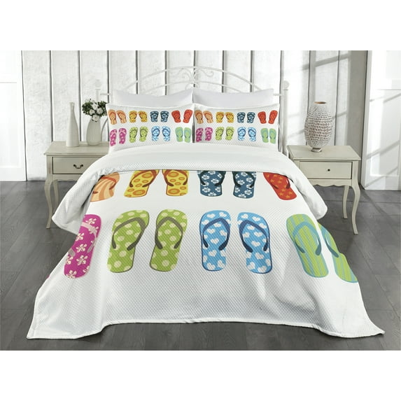 Ambesonne Summer Quilted Bedspread Set 3 Pcs, Holiday Themed Slippers, Queen Size, Multicolor