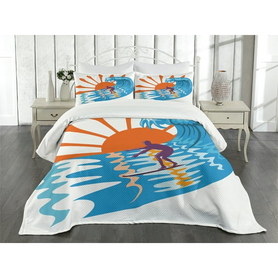 Ambesonne Summer Quilted Bedspread Set 3 Pcs, Hot Beach Vibes Surfer, King Size, Sky Blue Orange