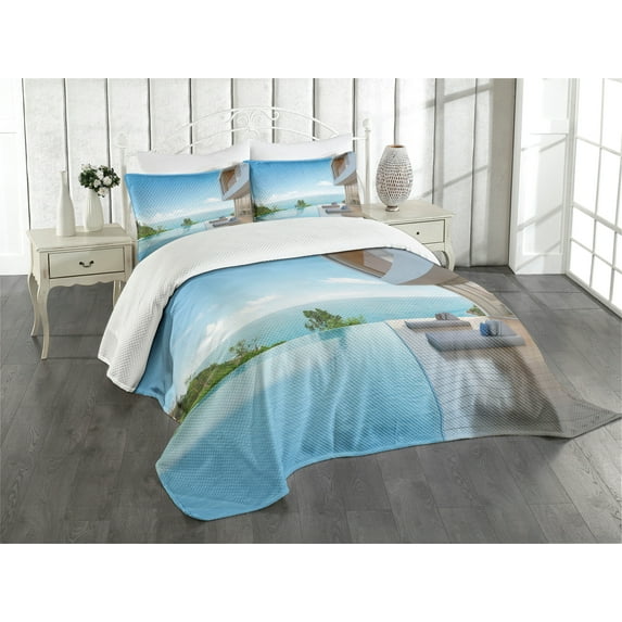 Ambesonne Summer Quilted Bedspread Set 3 Pcs, Minimalist Beach House, King Size, Pale Brown Sky Blue