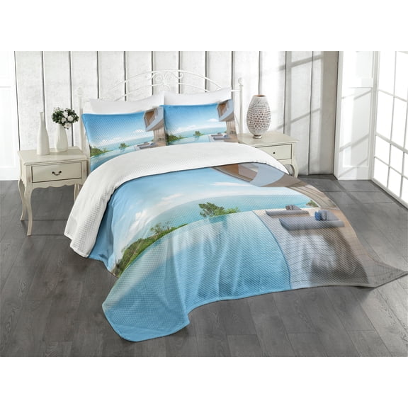 Ambesonne Summer Quilted Bedspread Set 3 Pcs, Minimalist Beach House, Queen Size, Pale Brown Sky Blue