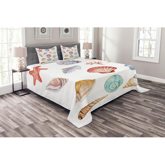 Ambesonne Summer Quilted Bedspread Set 3 Pcs, Seashells Exotic Animals, King Size, Multi