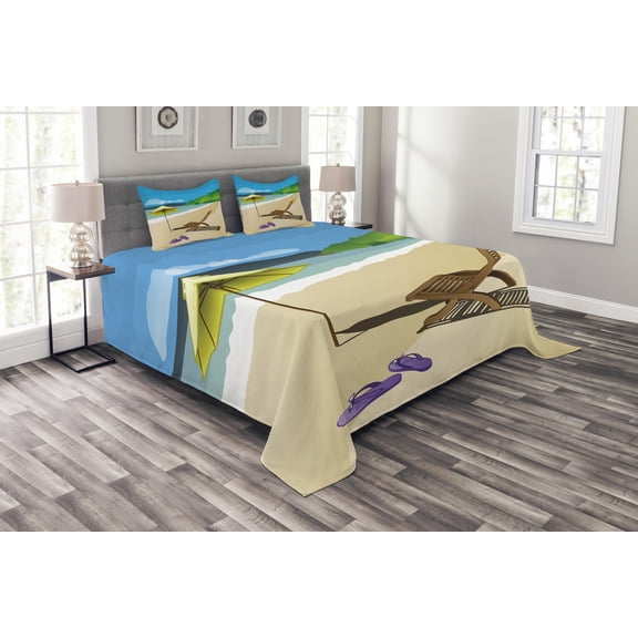 Ambesonne Summer Quilted Bedspread Set 3 Pcs, Sunshine Sand Waves, Queen Size, Multicolor