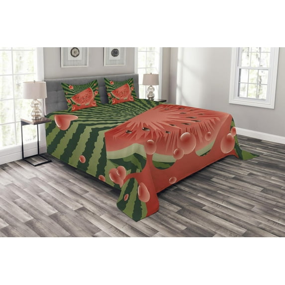 Ambesonne Summer Quilted Bedspread Set 3 Pcs, Watermelon Splashing Juice, Queen Size, Hunter Green and Dark Coral
