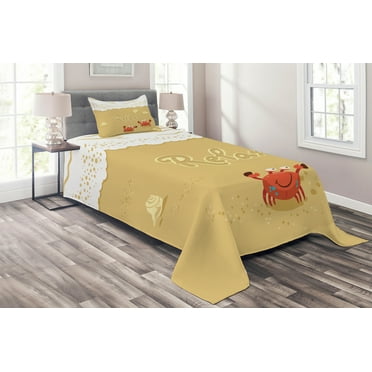 Ambesonne Summer Quilted Coverlet 2 Pcs, Card with Crabs Sea, Twin Size, Sand Brown and White