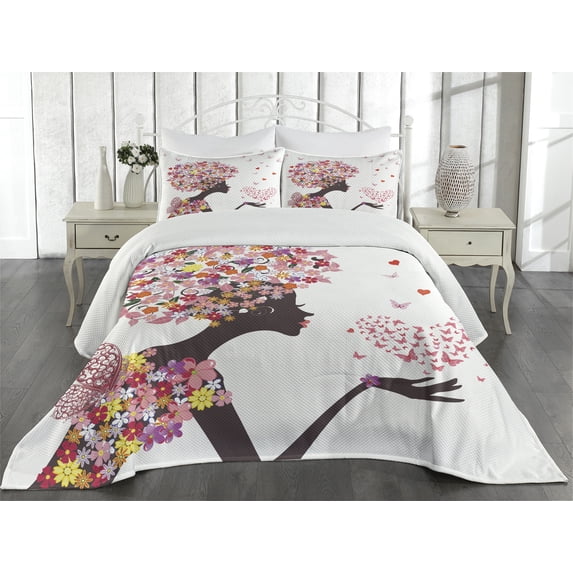 Ambesonne Summer Quilted Coverlet 3 Pcs, Butterflies Blossoms, King Size, Multicolor