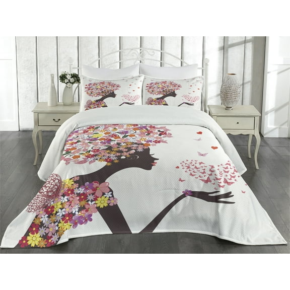 Ambesonne Summer Quilted Coverlet 3 Pcs, Butterflies Blossoms, King Size, Multicolor