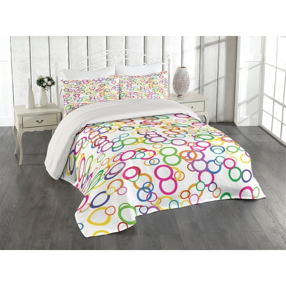 Ambesonne Summer Quilted Coverlet 3 Pcs, Colored Geometric Circle, King Size, Lavender Salmon
