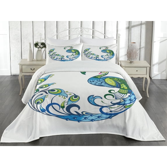 Ambesonne Summer Quilted Coverlet 3 Pcs, Colorful Peacock Tropic, King Size, Blue Green Pink