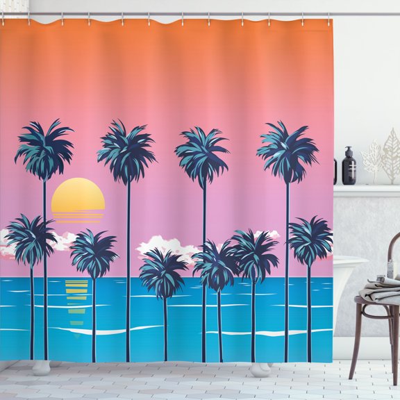 Ambesonne Summer Shower Curtain, Beach Seaside Palms Scene, 69"Wx84"L, Multicolor