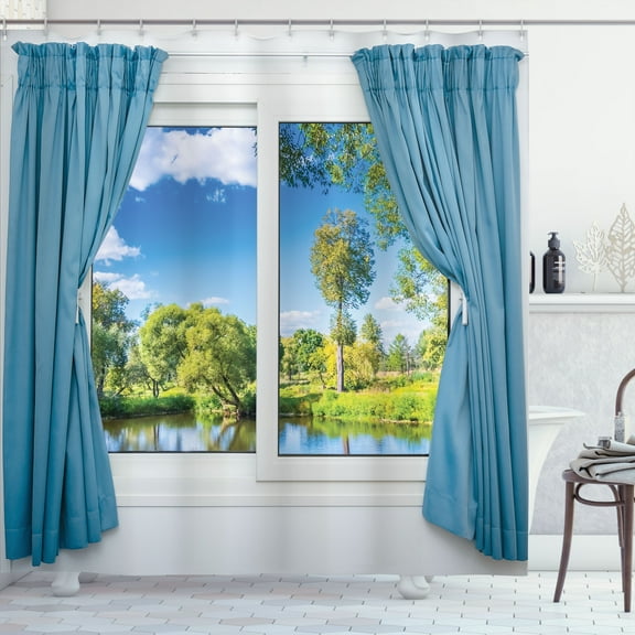 Ambesonne Summer Shower Curtain, Rural Lake River View, 69"Wx70"L, Slate Blue Green White