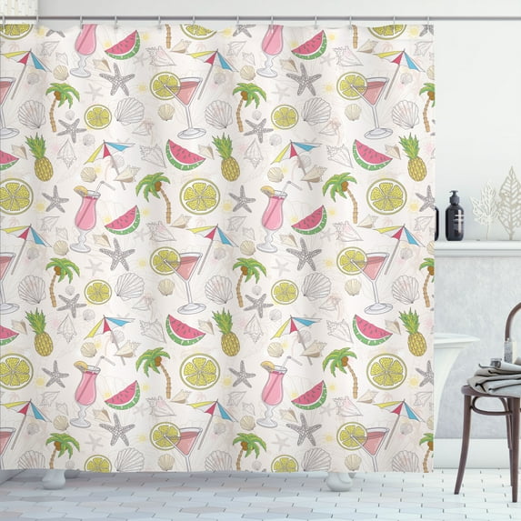 Ambesonne Summer Shower Curtain, Watermelon Lemon Umbrella, 69"Wx70"L, Pale Eggshell Multicolor