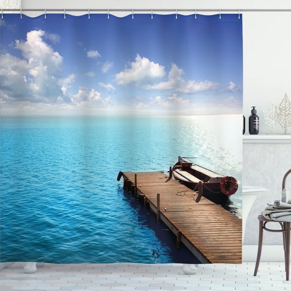 Ambesonne Summer Shower Curtain, Wooden Deck on a Lake, 69"Wx84"L, Violet Blue Turquoise