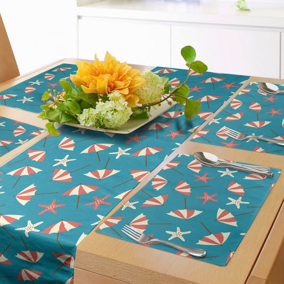 Ambesonne Summer Table Runner & Placemats, Holiday Beach with Umbrellas, Placemat 4 pcs + Runner 14"x72", Petrol Blue Coral Cream