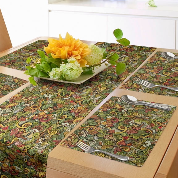 Ambesonne Summer Table Runner & Placemats, Marine and Floral Motifs, Placemat 4 pcs + Runner 16"x90", Dark Cocoa and Multicolor