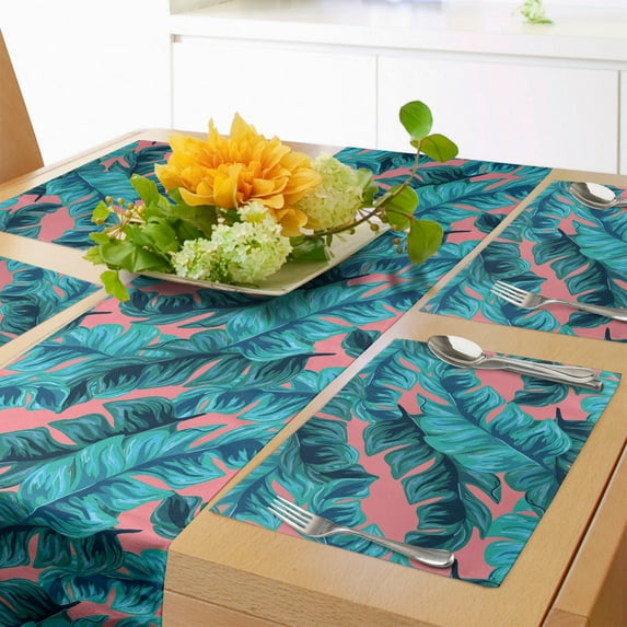 Ambesonne Summer Table Runner & Placemats, Tropical Island Jungle leaf, Placemat 4 pcs + Runner 14"x90", Coral and Petrol Blue
