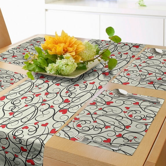Ambesonne Summer Table Runner & Placemats, Wave Floral Heart Swirls, Placemat 4 pcs + Runner 12"x72", Eggshell Vermilion Black