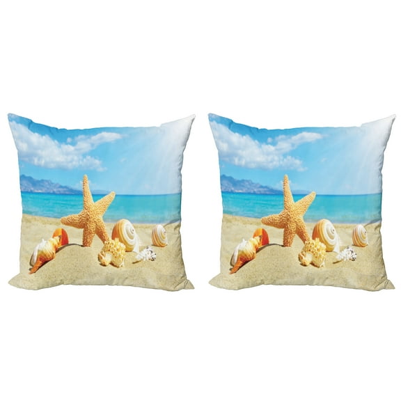 Ambesonne Summer Throw Pillow Cover 2 Pack, Beach Sand with Starfish, 16", Aqua Ivory Mustard