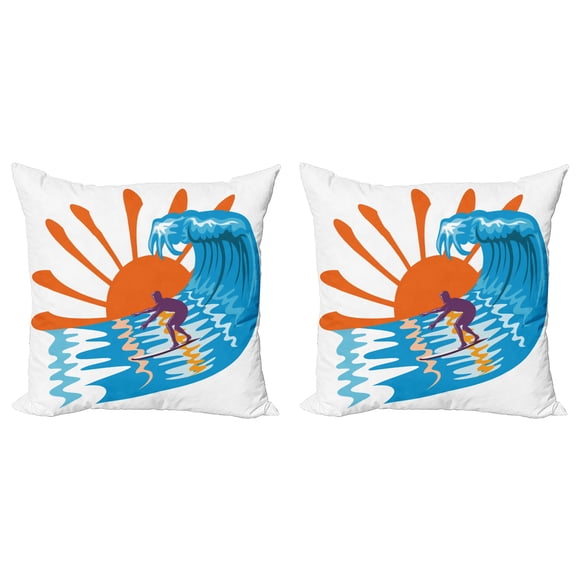 Ambesonne Summer Throw Pillow Cover 2 Pack, Hot Beach Vibes Surfer, 20", Sky Blue Orange