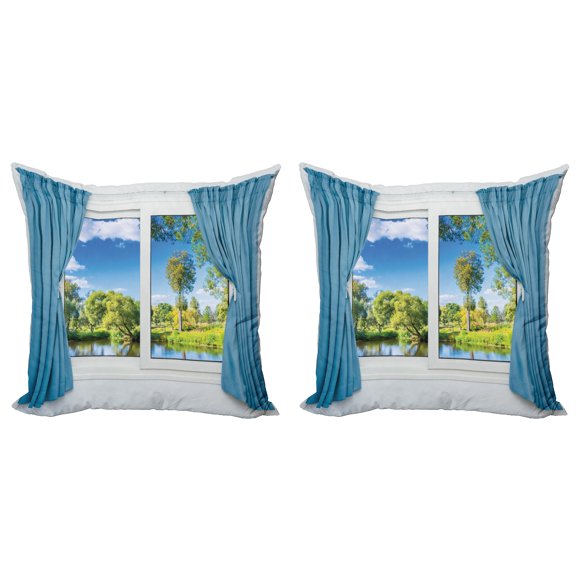 Ambesonne Summer Throw Pillow Cover 2 Pack, Rural Lake River View, 20", Slate Blue Green White