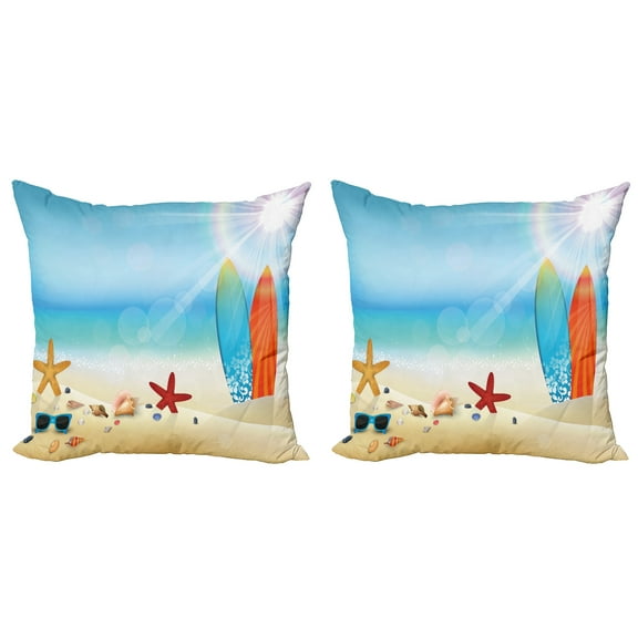 Ambesonne Summer Throw Pillow Cover 2 Pack, Sand Beach Surfboard, 18", Multicolor