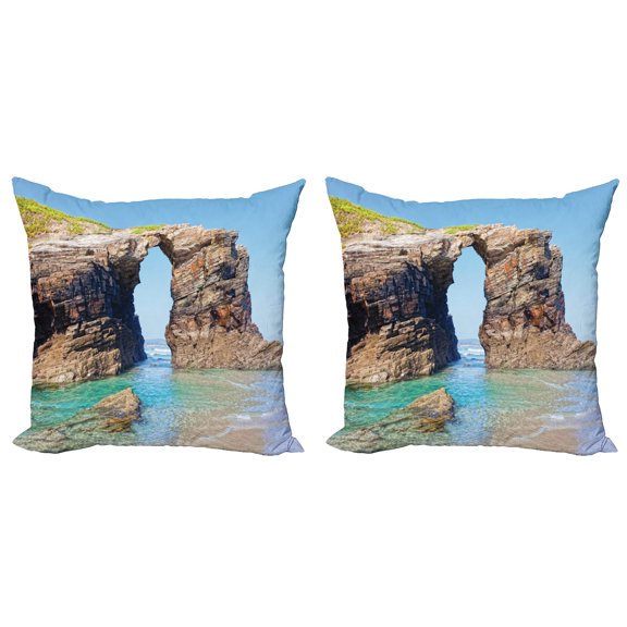 Ambesonne Summer Throw Pillow Cover 2 Pack, Spanish Seacoast Scenery, 20", Blue Cream